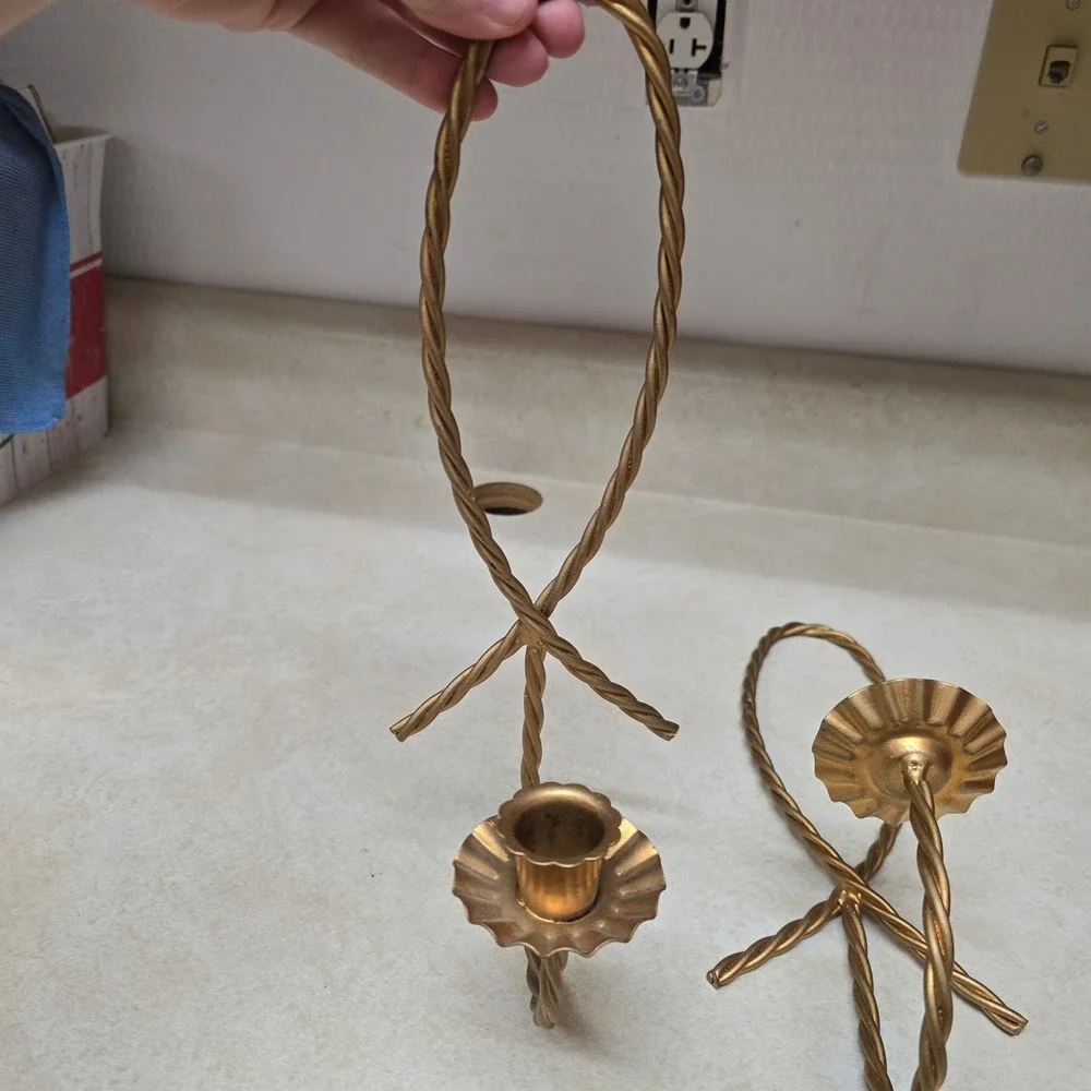Vtg Gold Metal Twisted Rope Bow Wall Sconce Candle Holder Pair Hollywood Regency
